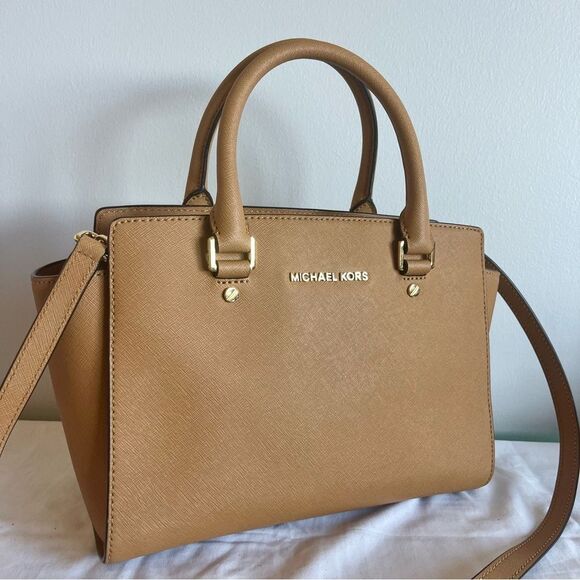 MICHAEL KORS Tan Selma Ciara Satchel Acorn Shoulder Bag Crossbody Tote - Picture 4 of 11